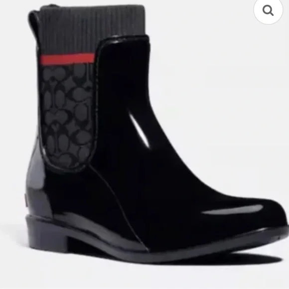 Coach Rivington Rain Boots. Size 8 Black Red. Logo - Picture 4 of 15